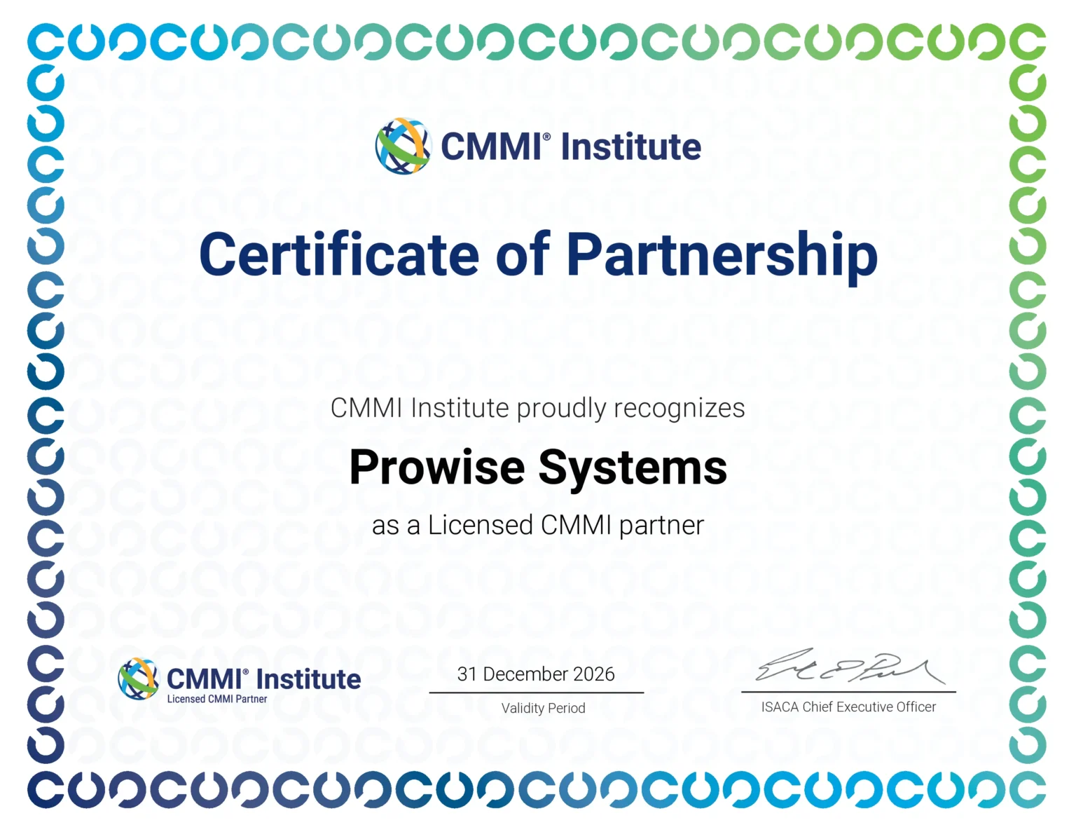 CMMI Partner Certificate for Prowise Systems